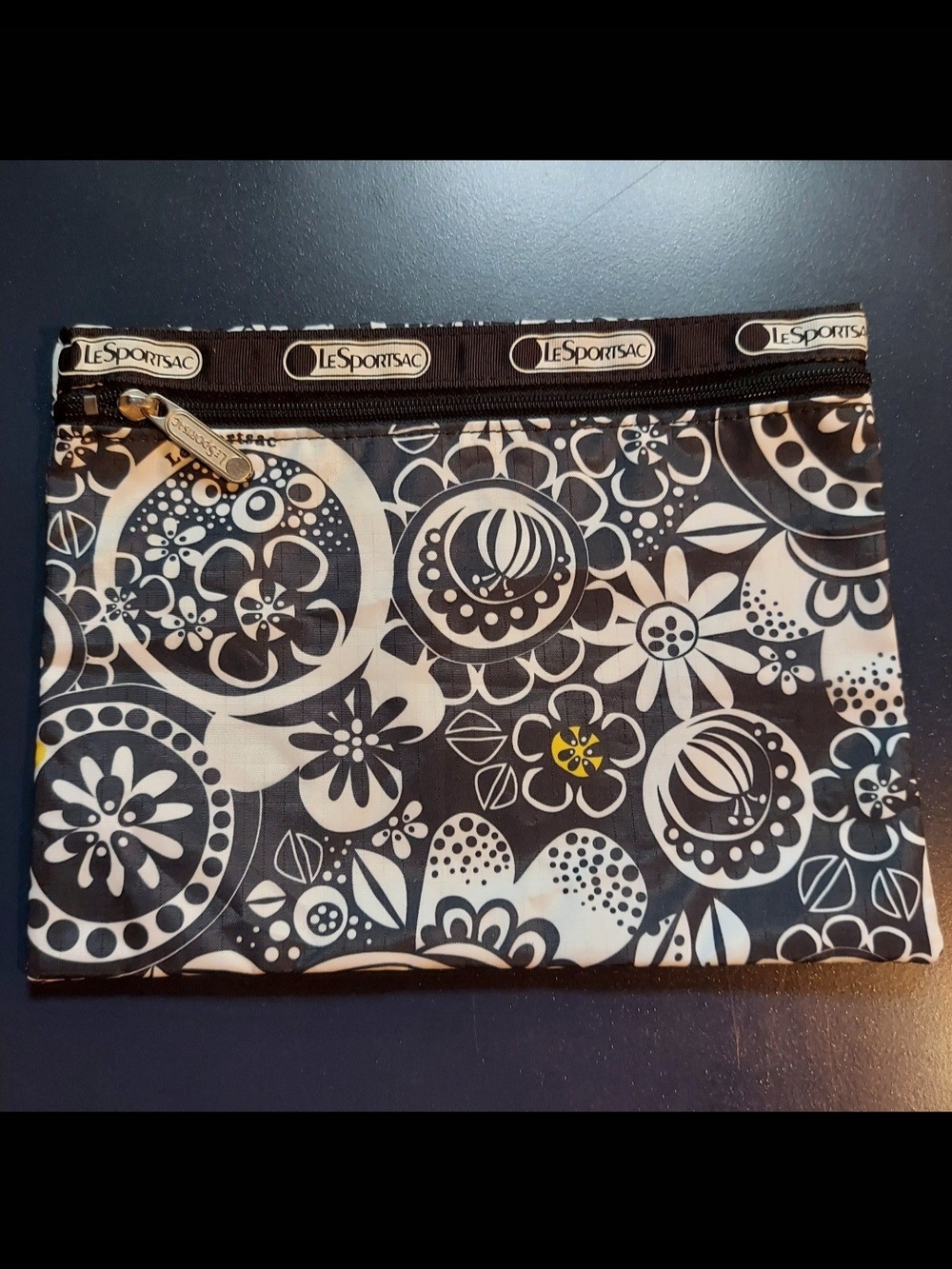LeSportsac Floral Print Zip Pouch in Black & White with Yellow Accent 7.5 x 9.5"